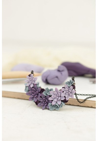 Handmade Purple Succulent Necklace – Polymer Clay Statement Jewelry
