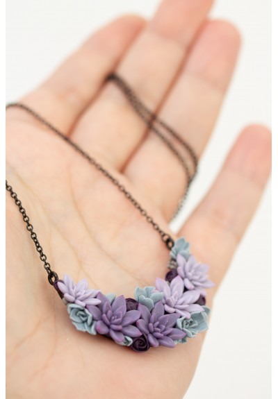 Handmade Purple Succulent Necklace – Polymer Clay Statement Jewelry