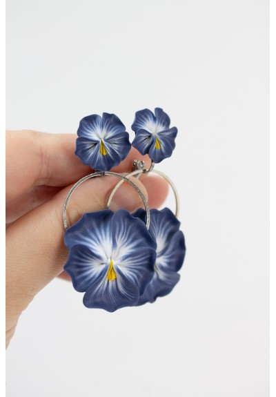 Blue Handmade Pansy Clip-On Earrings – Adjustable Floral Jewelry