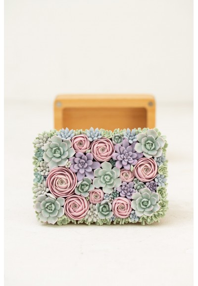 Handcrafted Wooden Jewelry Box with Pastel Polymer Clay Succulents​