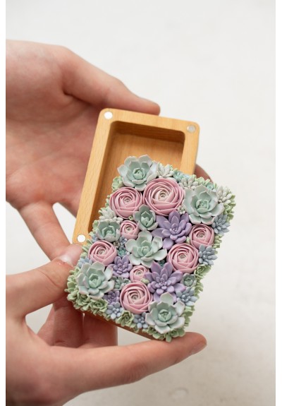Handcrafted Wooden Jewelry Box with Pastel Polymer Clay Succulents​