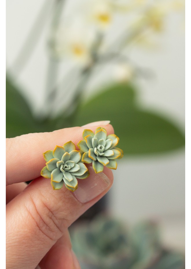 Handmade Mini Succulent Earrings – Green & Orange Clay Studs | Eteniren Jewelry