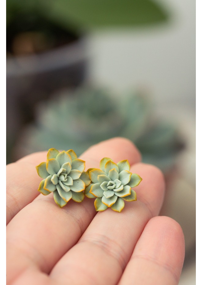 Handmade Mini Succulent Earrings – Green & Orange Clay Studs | Eteniren Jewelry