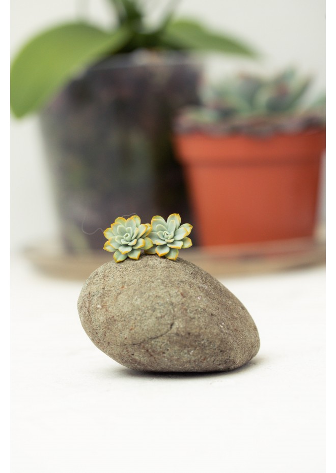 Handmade Mini Succulent Earrings – Green & Orange Clay Studs | Eteniren Jewelry