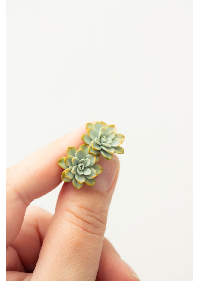 Handmade Mini Succulent Earrings – Green & Orange Clay Studs | Eteniren Jewelry