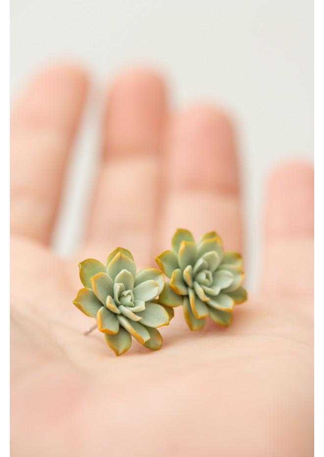 Handmade Mini Succulent Earrings – Green & Orange Clay Studs | Eteniren Jewelry