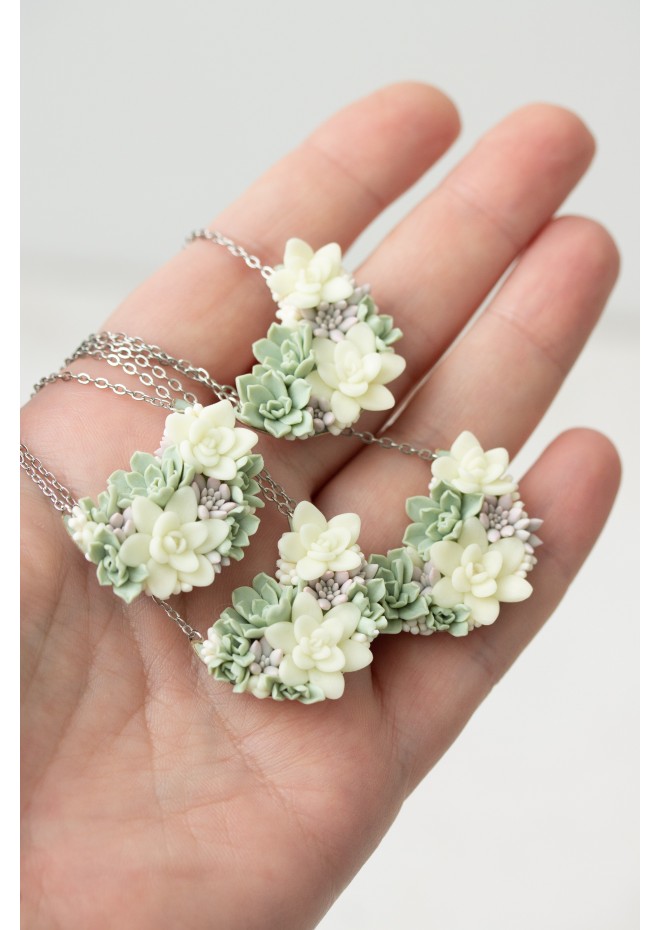 Pastel Succulent Garden Necklace – Handmade Floral Polymer Clay Jewelry