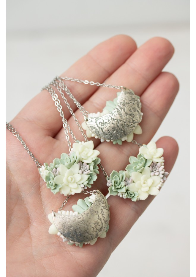 Pastel Succulent Garden Necklace – Handmade Floral Polymer Clay Jewelry