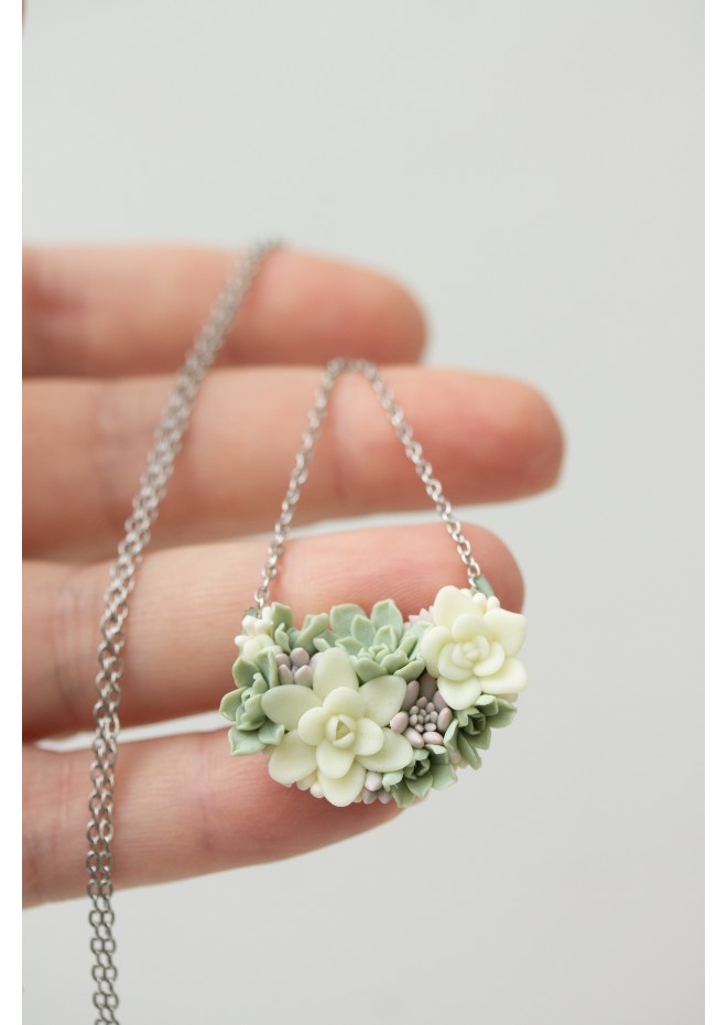 Pastel Succulent Garden Necklace – Handmade Floral Polymer Clay Jewelry