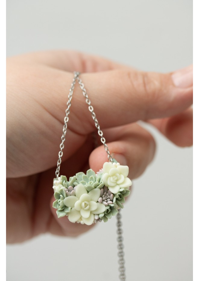 Pastel Succulent Garden Necklace – Handmade Floral Polymer Clay Jewelry