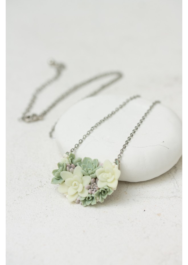 Pastel Succulent Garden Necklace – Handmade Floral Polymer Clay Jewelry