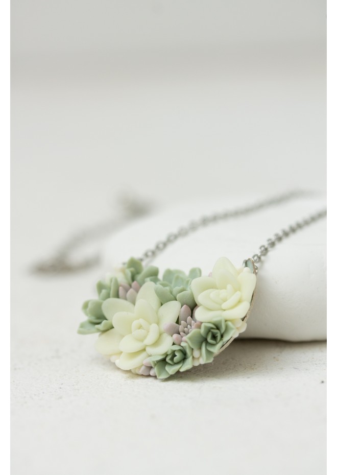 Pastel Succulent Garden Necklace – Handmade Floral Polymer Clay Jewelry