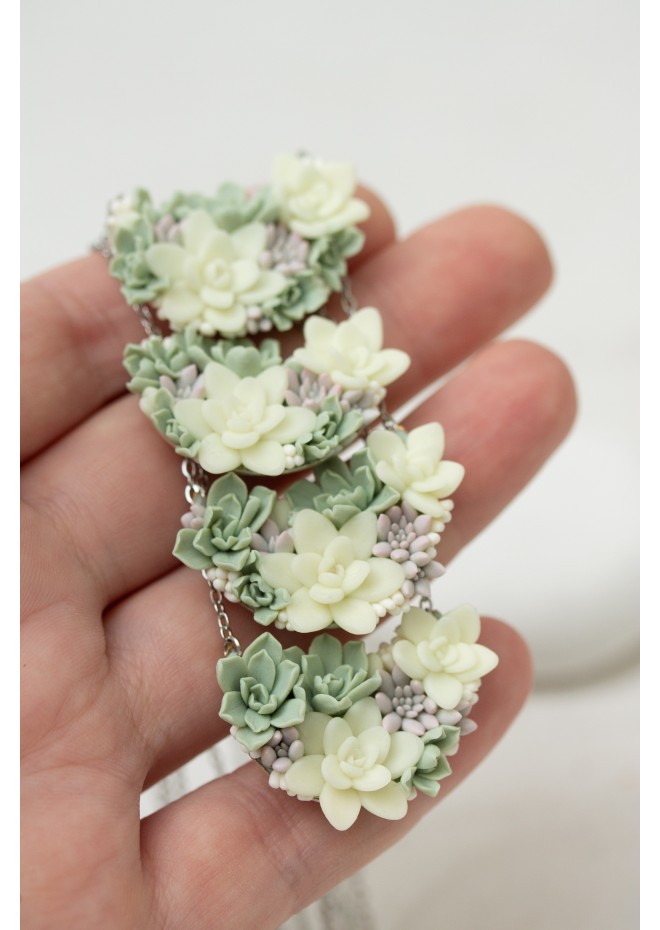 Pastel Succulent Garden Necklace – Handmade Floral Polymer Clay Jewelry