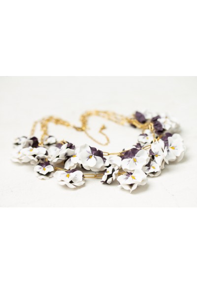 White & Violet Pansy Flower Necklace | Bold Handmade Statement Piece