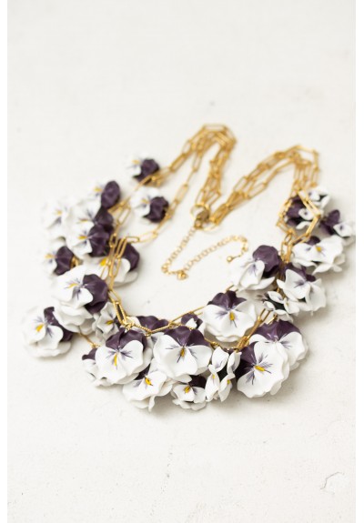 White & Violet Pansy Flower Necklace | Bold Handmade Statement Piece