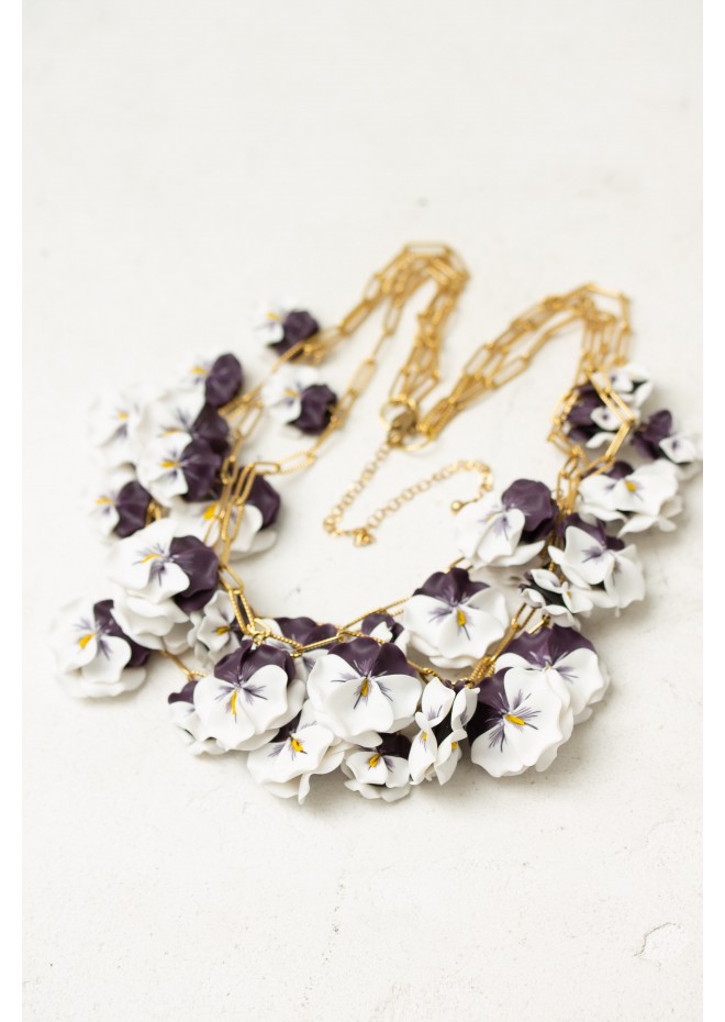 White & Violet Pansy Necklace – Handmade Statement Jewelry