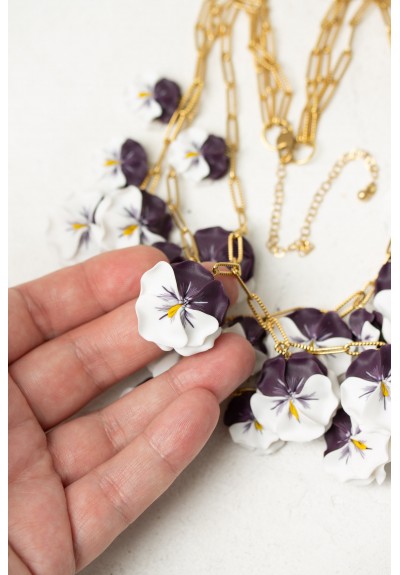 White & Violet Pansy Flower Necklace | Bold Handmade Statement Piece