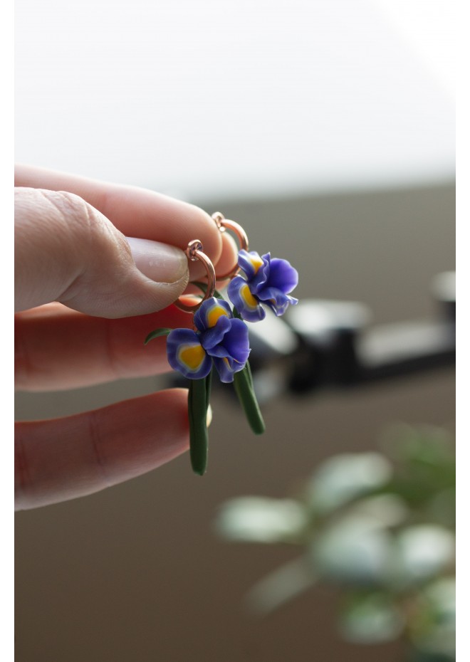 Blue Iris Clip-On Earrings – Handmade Floral Jewelry with Rose Gold