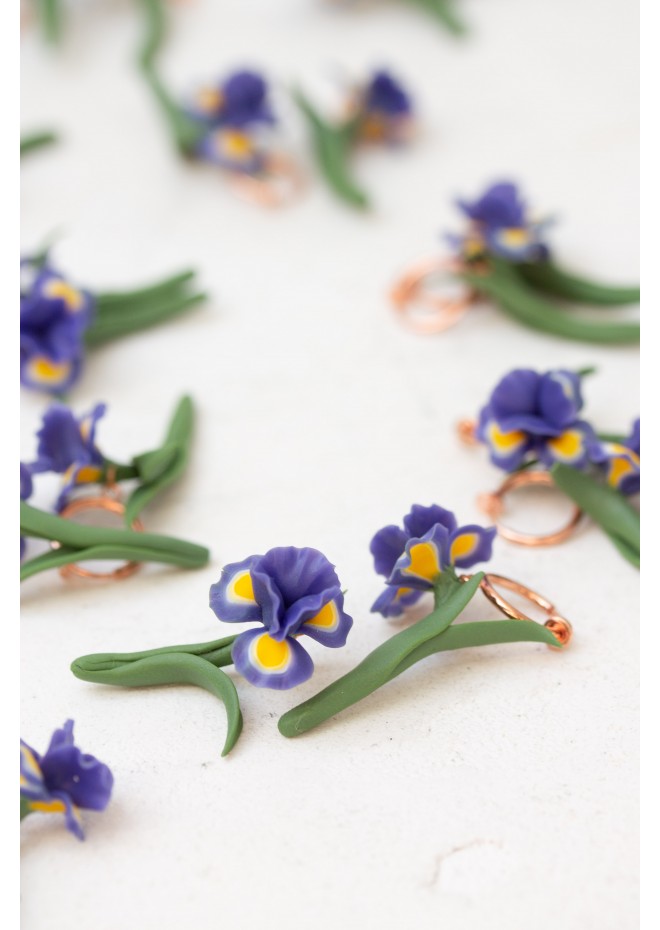 Blue Iris Clip-On Earrings – Handmade Floral Jewelry with Rose Gold