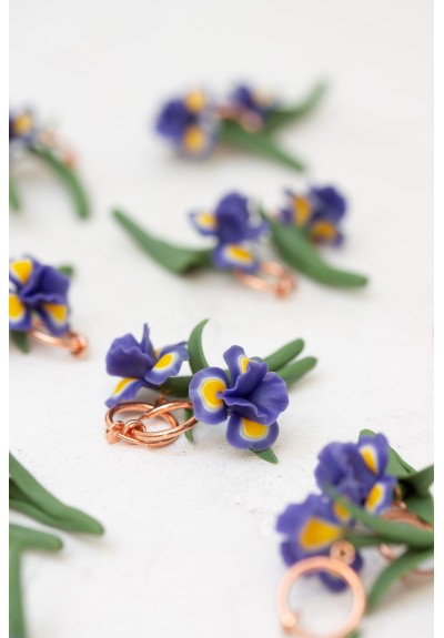 Blue Iris Clip-On Earrings | Handmade Floral Jewelry with Rose Gold Tone
