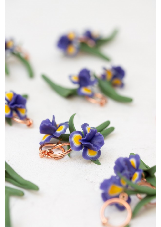 Blue Iris Clip-On Earrings – Handmade Floral Jewelry with Rose Gold