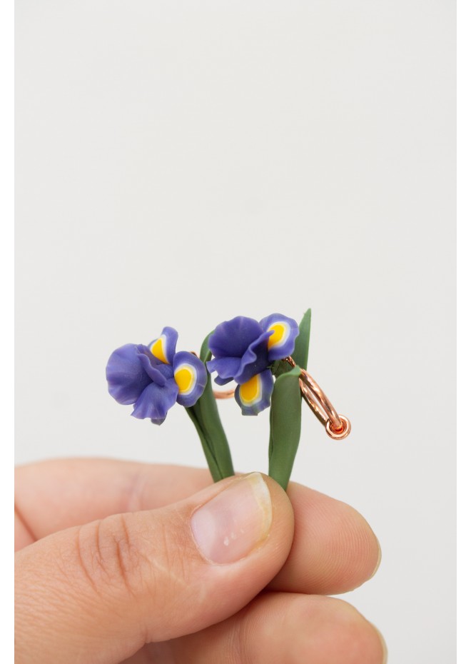 Blue Iris Clip-On Earrings – Handmade Floral Jewelry with Rose Gold