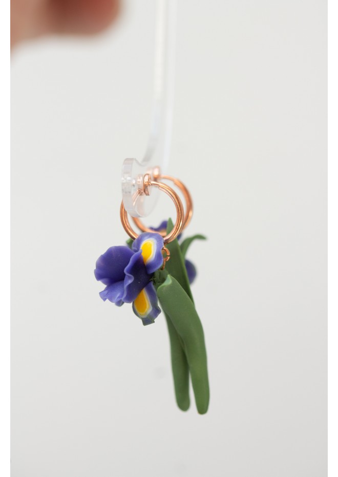 Blue Iris Clip-On Earrings – Handmade Floral Jewelry with Rose Gold