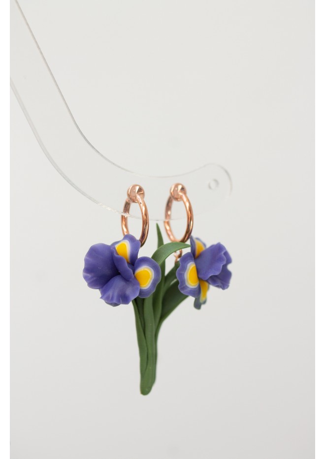 Blue Iris Clip-On Earrings – Handmade Floral Jewelry with Rose Gold