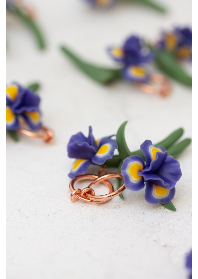 Blue Iris Clip-On Earrings – Handmade Floral Jewelry with Rose Gold