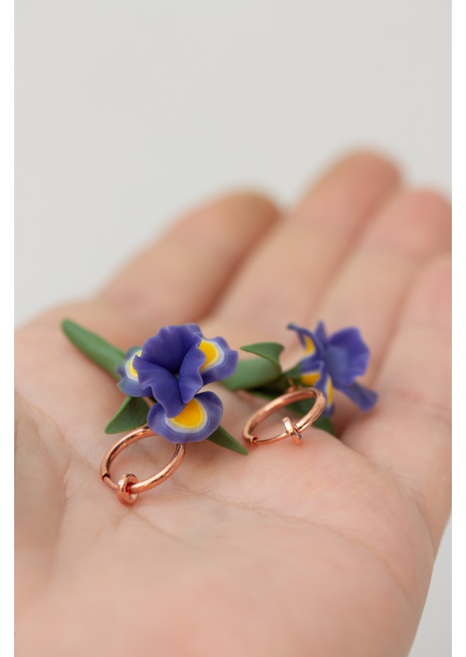 Blue Iris Clip-On Earrings – Handmade Floral Jewelry with Rose Gold
