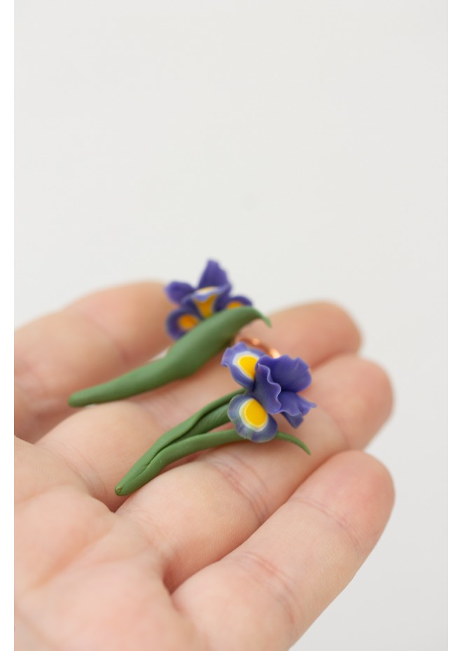 Blue Iris Clip-On Earrings – Handmade Floral Jewelry with Rose Gold