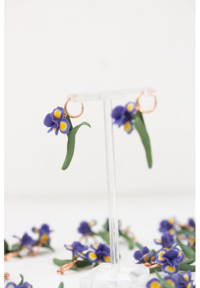 Blue Iris Clip-On Earrings | Handmade Floral Jewelry with Rose Gold Tone