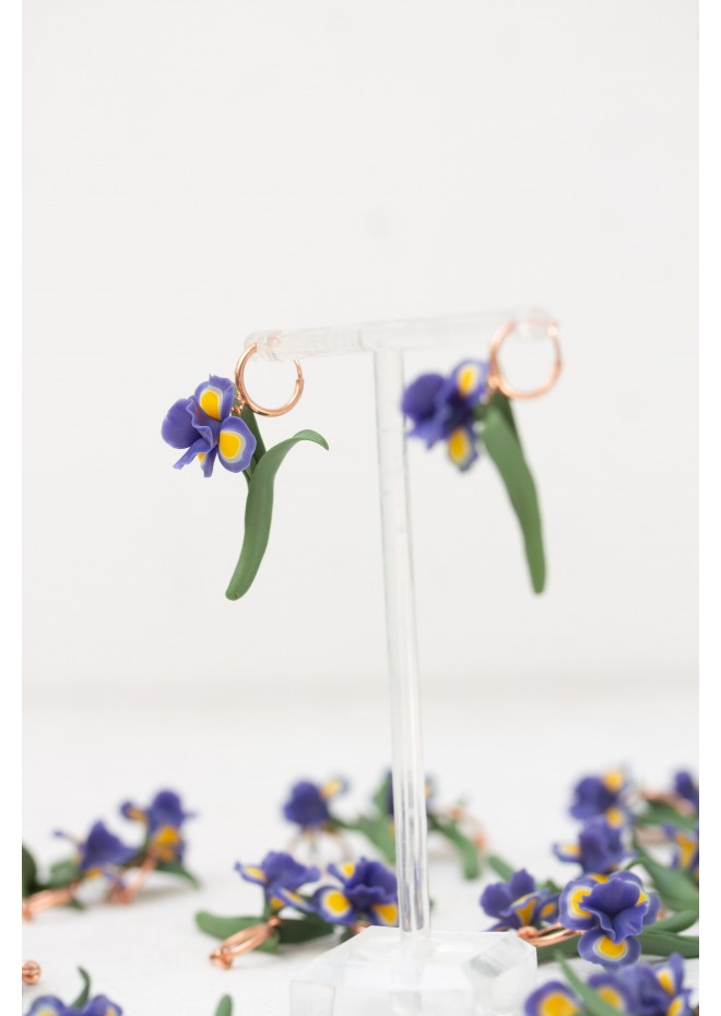 Blue Iris Clip-On Earrings – Handmade Floral Jewelry with Rose Gold