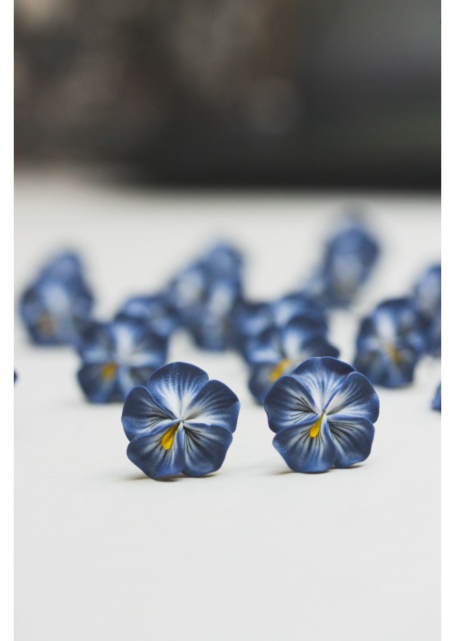 Steel Blue Pansy Flower Stud Earrings – Handmade & Hypoallergenic