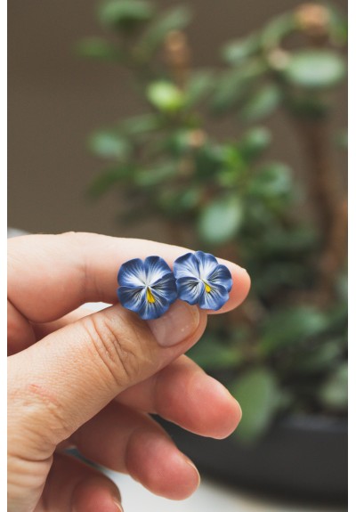 Handmade Pansy Stud Earrings in Steel Blue