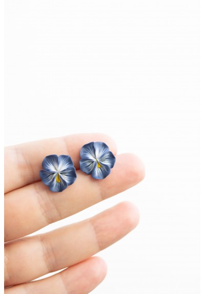 Handmade Pansy Stud Earrings in Steel Blue