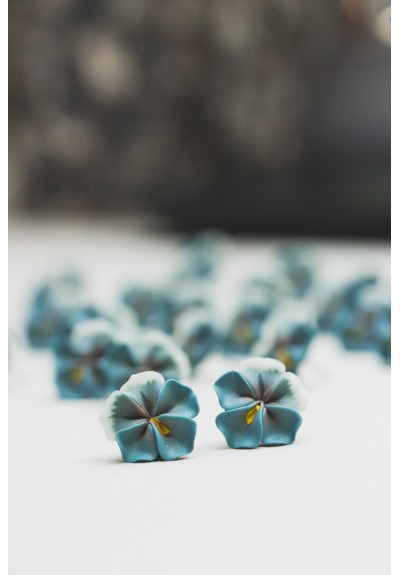 Handmade Pansy Stud Earrings in Soft Blue-Gray