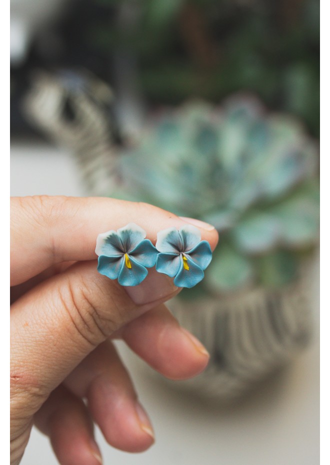 Blue-Gray Pansy Flower Earrings | Hypoallergenic Handmade Studs