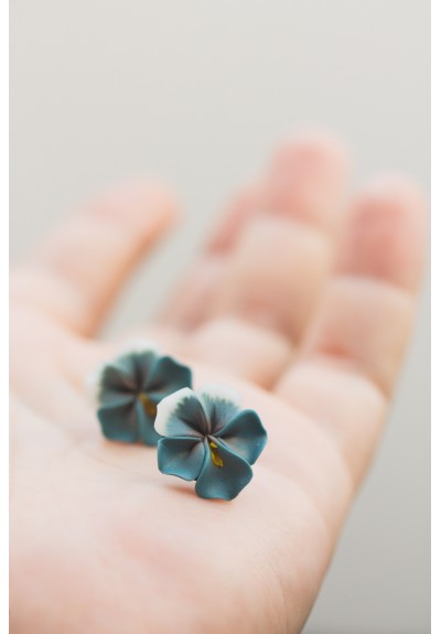 Handmade Pansy Stud Earrings in Soft Blue-Gray