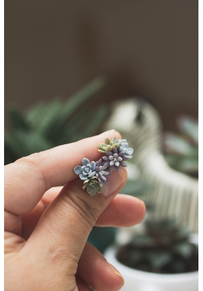 Handmade Succulent Bouquet Stud Earrings – Pastel Lilac, Blue & Green