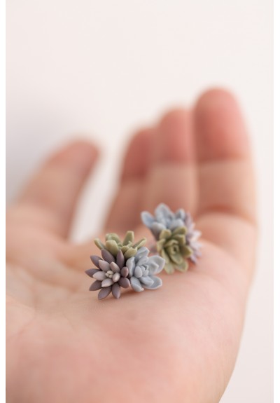 Handmade Succulent Bouquet Stud Earrings – Pastel Lilac, Blue & Green