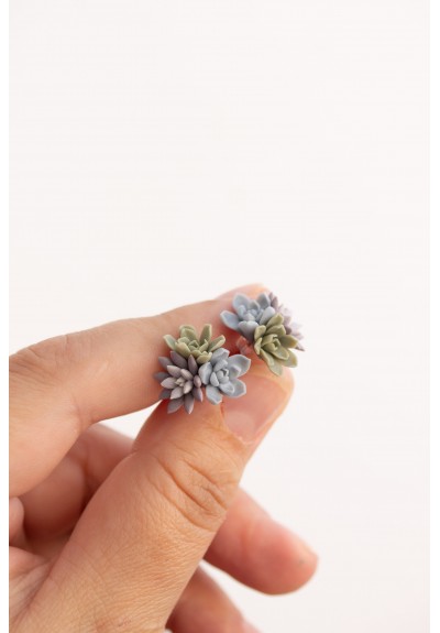Handmade Succulent Bouquet Stud Earrings – Pastel Lilac, Blue & Green