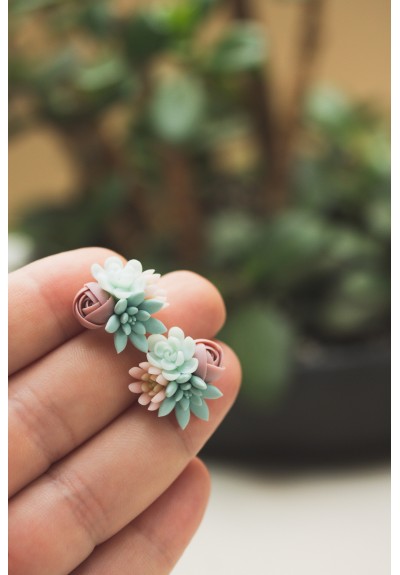 Handcrafted Succulent Bouquet Earrings – Blue, Pastel Rose & Mint