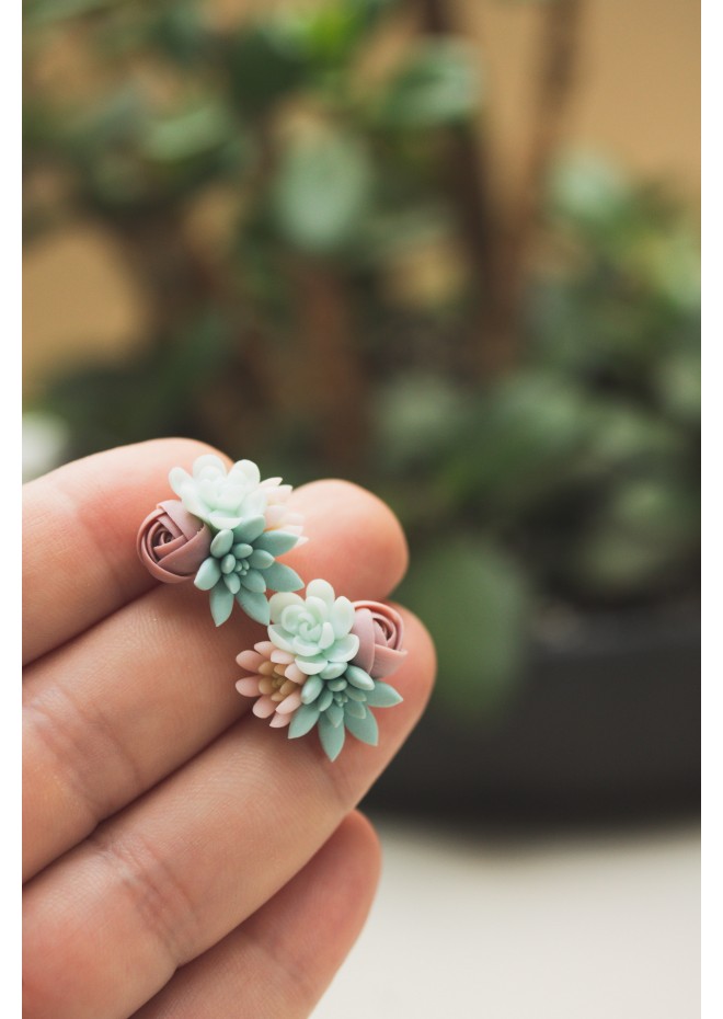 Succulent Bouquet Earrings – Handmade in Pastel Clay