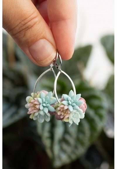 Pastel Succulent Drop Earrings – Summer-Inspired Clay Florals