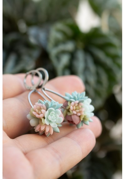 Pastel Succulent Drop Earrings – Summer-Inspired Clay Florals