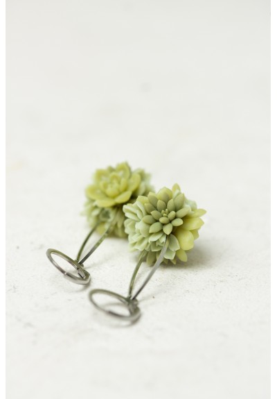 Green Succulent Dangle Earrings – Handmade Floral Drops in Warm Green Tones – Stainless Steel