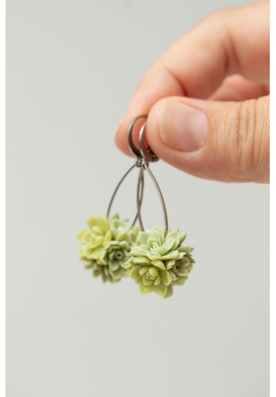Green Succulent Dangle Earrings – Handmade Floral Drops in Warm Green Tones – Stainless Steel