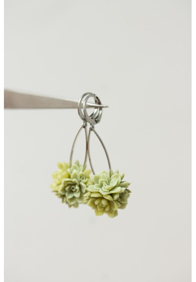 Green Succulent Dangle Earrings – Handmade Floral Drops in Warm Green Tones – Stainless Steel