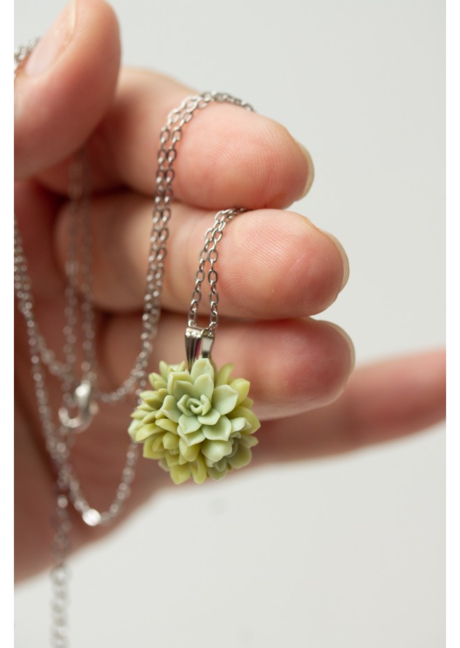 Handcrafted Succulent Necklace – Green Polymer Clay Pendant
